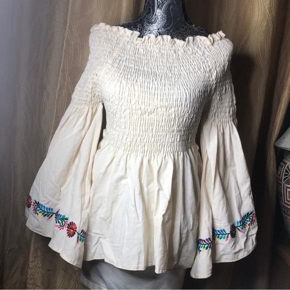 Hand Crafted Tops - Handmade artisan womens Mexican embroidered off shoulder cotton blouse 2XL